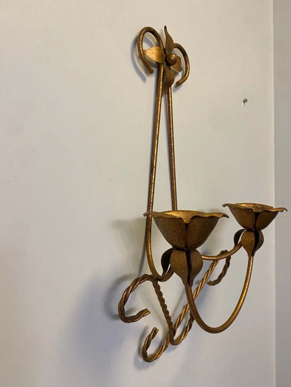 Vintage MCM Gold Metal Twisted Rope Double Wall Sconce Candle Holder